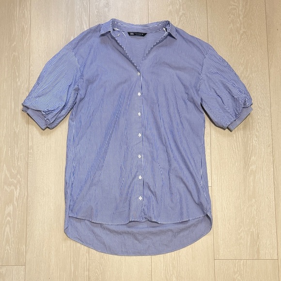 Zara Women's Blue Striped Button Down Puffed Sleeve Shirt - Picture 2 of 8